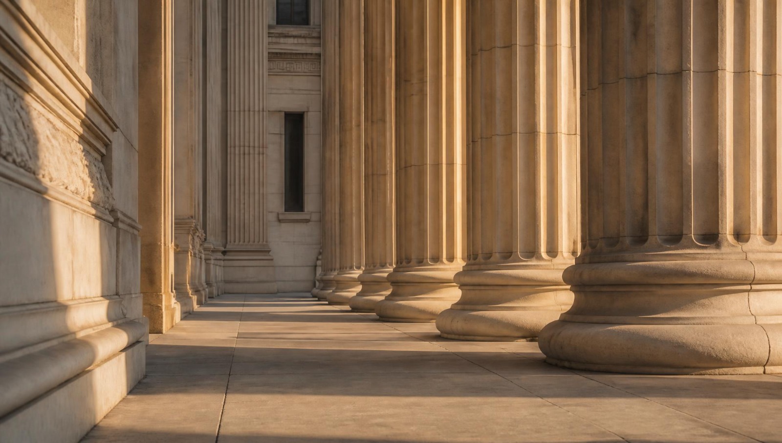 Sunlit neoclassical courthouse colonnade
